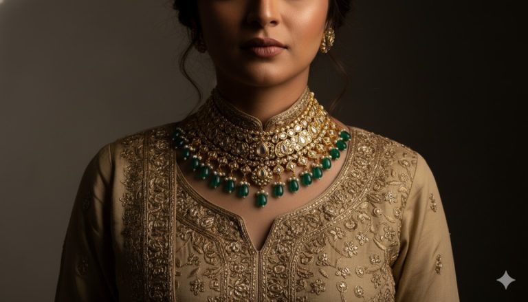 Green Beads & Gold Choker